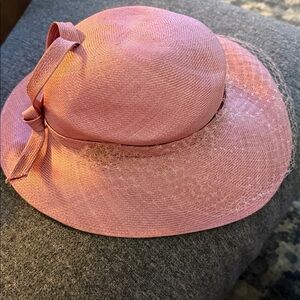 Vintage Lilly Daché DEBS Pink Wide-Brim hat with netting. 21” circumference